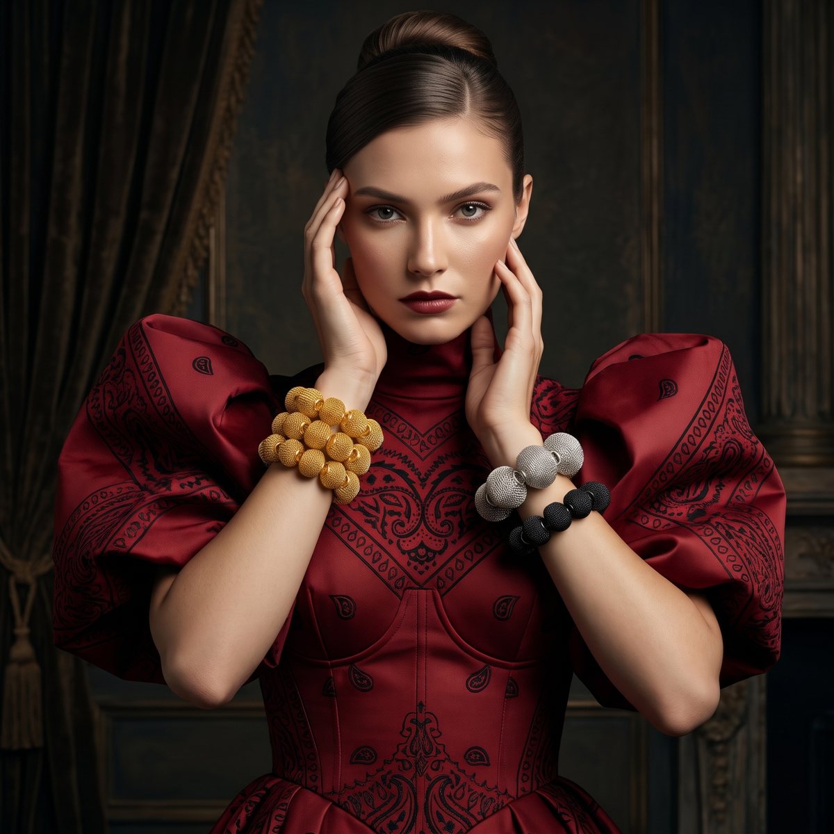PewedUp bracelets with a red statement dress